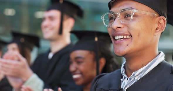 Graduation, ceremony or happy graduate clapping on campus for education ...