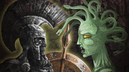 Méduse transformant un guerrier spartiate en pierre dans une scène de confrontation mythologique dramatique
