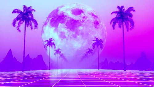 Futuristic Neon Landscape with Glowing Moon and Palm Trees