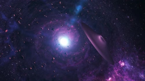 Futuristic Spaceship Flies Through a Vibrant Nebula in Deep Space