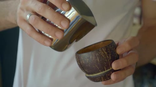Coffee Machine and Barista Hand Close Up