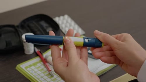 Woman checks blood sugar and prepares for insulin injection in home setting