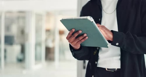 Business, hands and man in office, tablet and content writer with email notification