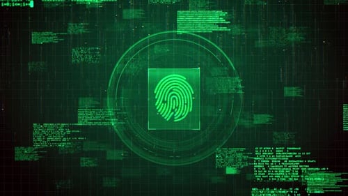 Futuristic Biometrics Fingerprint Icon Over Green Hacking Glitch Animation Background - HD