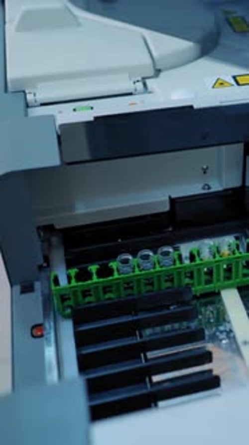 Modern robotical machine for blood. Close up view of equipment of chemical laboratory