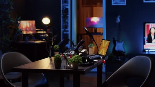Empty Studio with High Tech Microphone Audio Mixer and Headphones Used to Record Podcast