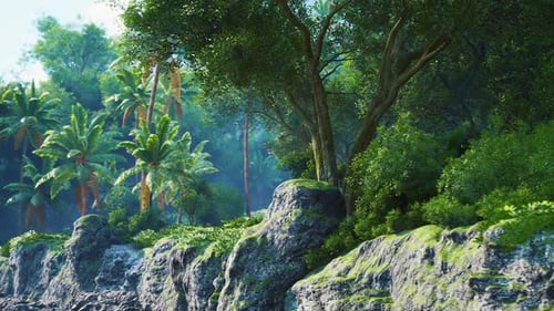 Lush Tropical Landscape with Rocky Shoreline and Vibrant Palm Trees
