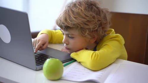 Child Uses Laptop Computer While Studying