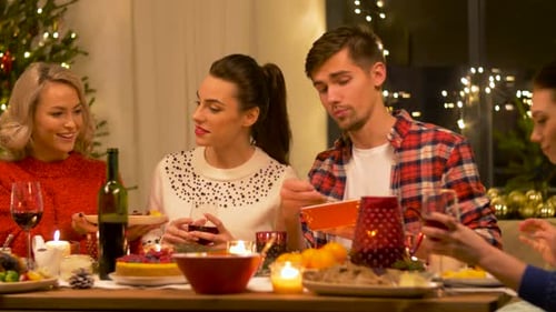 Friends enjoy Christmas dinner with wine and conversation