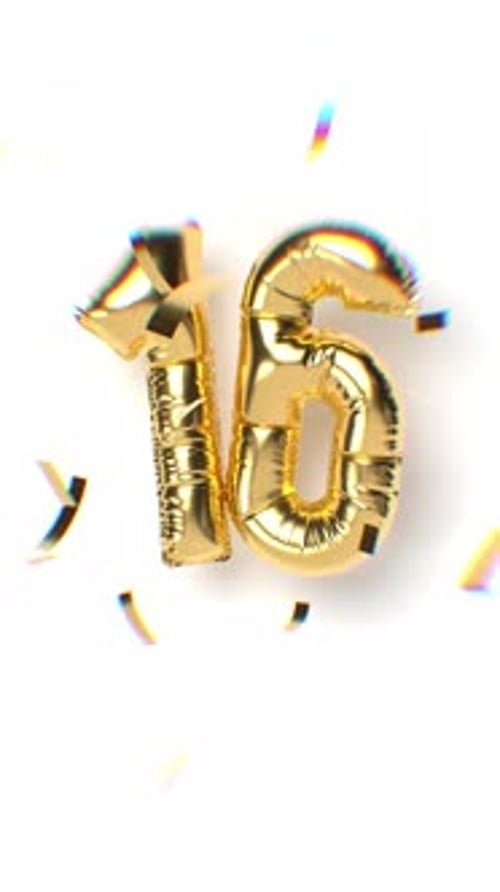 Golden Number 16 Balloon with Confetti for Celebrations
