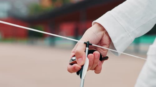 Archery, bow and arrow with hands in Japan for shooting game, challenge and target practice