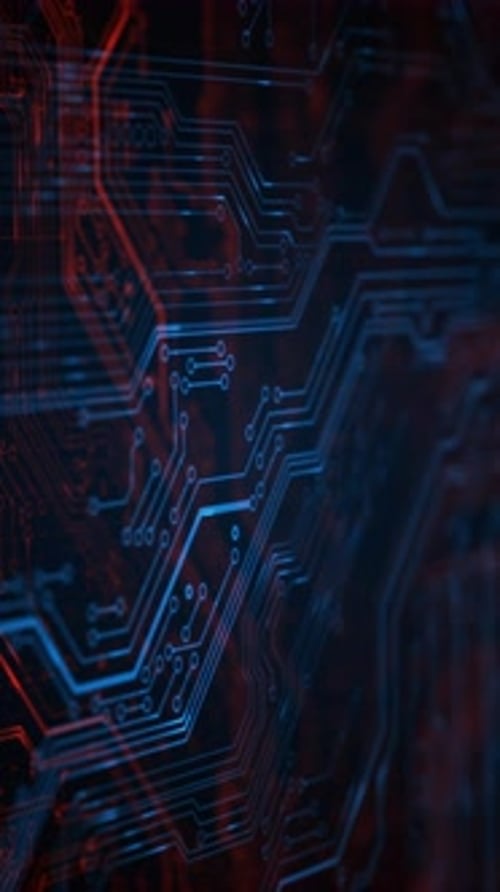 Glowing Blue and Red Circuit Board Data Flow Animation