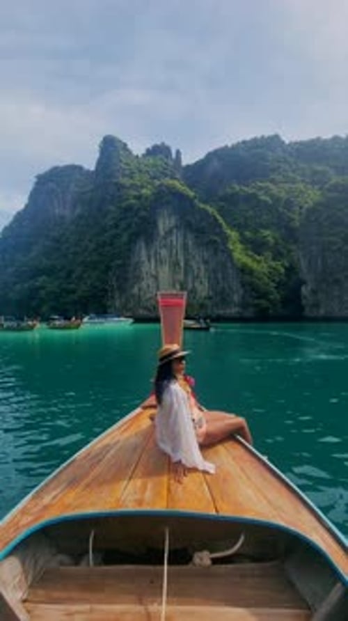 Longtail Boats at Pileh Lagoon Koh Phi Phi Maya Bay Thailand the Turquoise Colored Ocean
