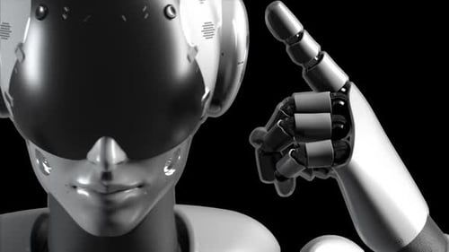 portrait of a robot woman in close-up, the robot makes a gesture of denial. has an alpha channel