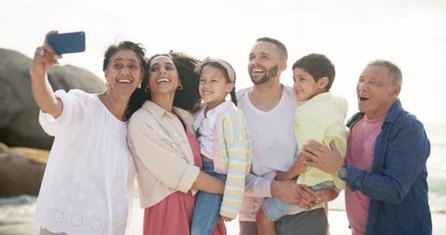 Grandparents, parents and children at beach for selfie with hug, bonding