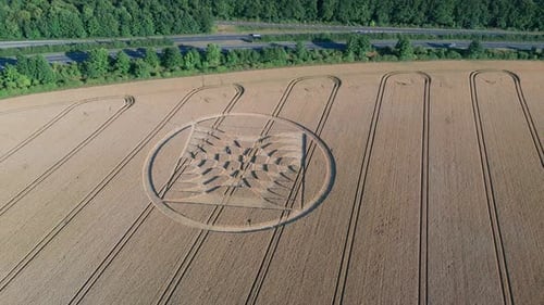 Agricultural Field With Crop Circle And Tractor Tracks In Micheldever Station, England. - aerial
