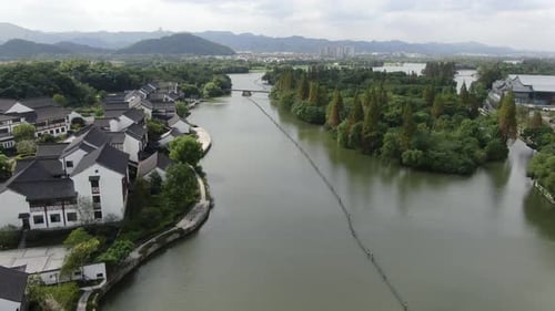 Aerial View of the Scenic Beauty of Ke Yan Scenic Area and the Surrounding Ancient Town in Shaoxing