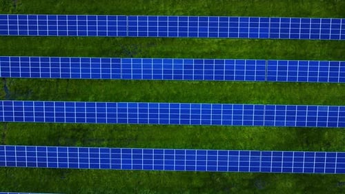 Blaue Sonnenkollektoren reihen sich auf grünem Gras an einer nachhaltigen Energiestation, Ansicht von oben