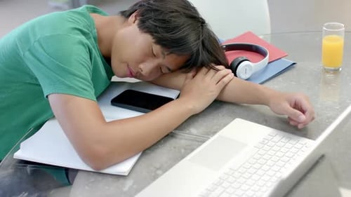 Teenage Asian boy rests his head on a desk while studying, with copy space