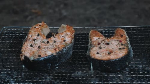 Grilling Salmon Steak On Hot Grill Outdoor. Close Up Salmon Fillet Cooking On Smoking Grill. Prep...