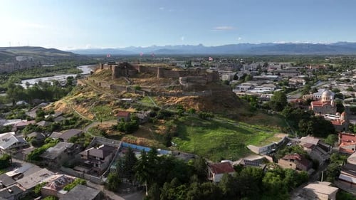 GORI, GEORGIA - June 20 2023: Aerial view of Gori Fortress. Ruins of the medieval fortress of Gori