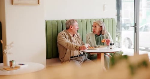 Breakfast, talking and senior couple at coffee shop for bonding, conversation and eating together