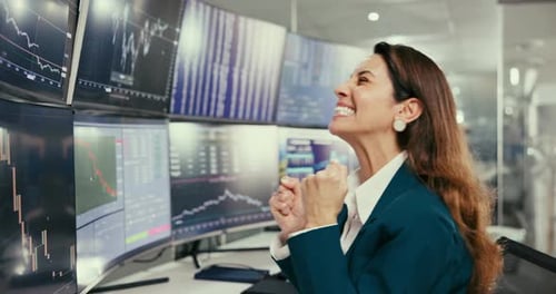 Business, woman and computer with stock market success, financial increase