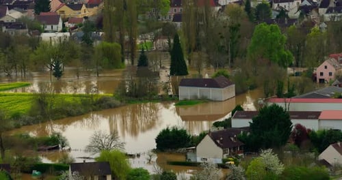 Aerial View of the Floods in the France Yonne River in Flood Natural Disaster Water Flooded a City