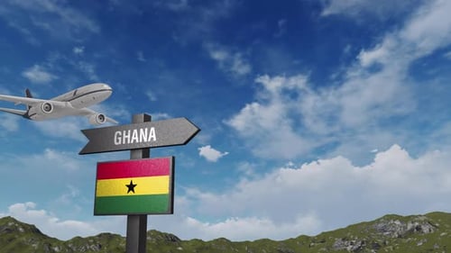 Ghana Flag With Airplane And Arrow Sign
