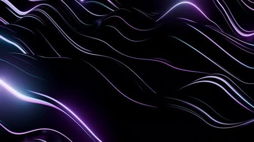 Looped background with smooth black waves and liquid neon light streaks with bright glow
