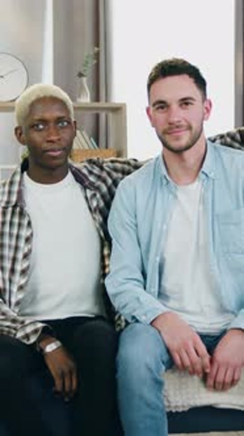 Close Up of Handsome in Good Mood Romantic Mixed Race 25Aged Homosexual Couple in Love Which Posing