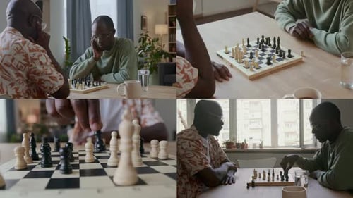 Split Screen of Two Male Friends Playing Chess at Home