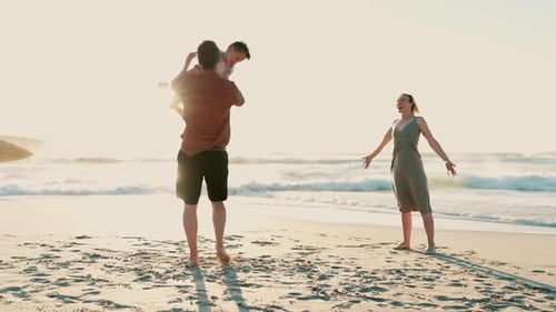Beach, happy family and father lifting child in air, sky or on outdoor vacation