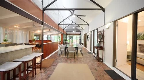 Balinese Bali Inspired Tropical Home Interior Kitchen Dining Lounge Room with Bedrooms Three Bedroom