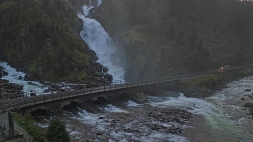 Aerial view of iconic Latefossen waterfall in scenic Norway valley