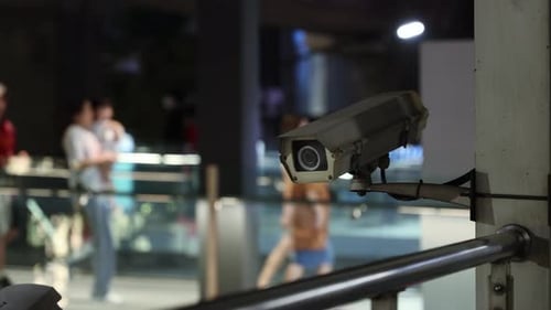 People Surveillance Camera in Modern City Monitoring of People Movement Law Compliance Crime and