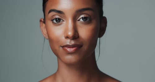 Female model, studio background and topless with smile for beauty or skincare