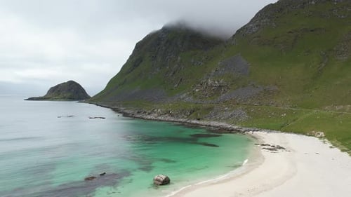 Aerial video of the picturesque coast, islands and mountains in the Lofoten Islands