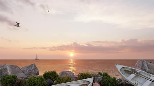 Sunset From A Beautiful Beach With Boats And Clear Sea In The Background