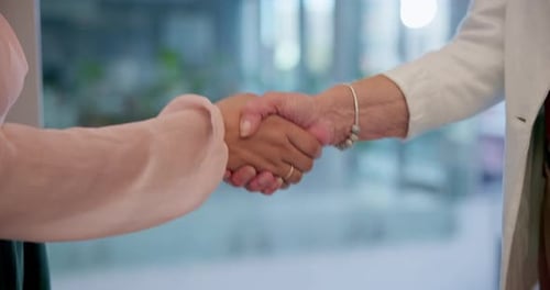 Business people, handshake and meeting in partnership, b2b or agreement for deal at office