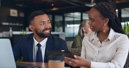 Business people, teamwork and technology with meeting in cafe for planning