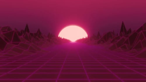 Retro Synthwave Neon Grid Landscape with Rising Sun