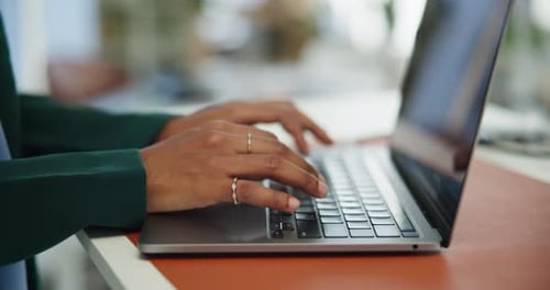 Laptop, typing and hands of woman in office for report, email response and administration
