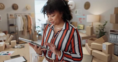 Entrepreneur, small business or tablet for fashion logistics, e commerce cargo or inventory in shop