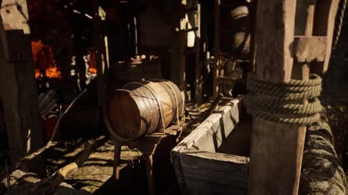 An Old Wooden Barrel and Water Trough in a Rustic Workshop During Daylight