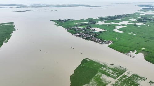 Aerial view of flooded village, Bangladesh.