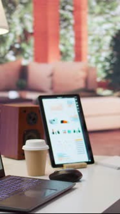 Vertical Video Empty Home Setup Desk Filled with Documents and Financial Reports