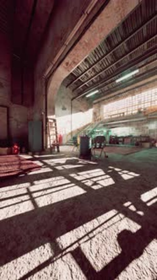 Animated Sunlight Shadows Moving in Industrial Warehouse