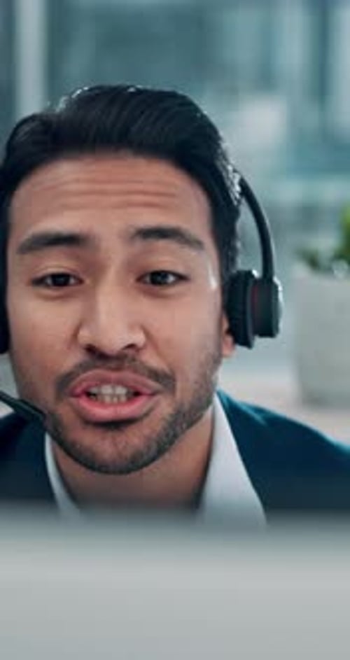 Finance, headset and business man on computer for stock market, investment advisor and feedback
