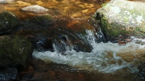 Small waterfall on shallow mountain river cascades through stones in Schwarzwald